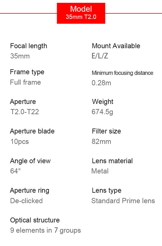 35mm T/2 Full Frame Spectrum Cine Lens