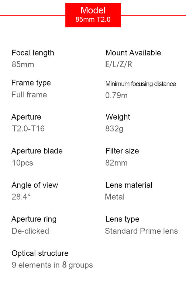 85mm T/2 Full Frame Spectrum Cine Lens